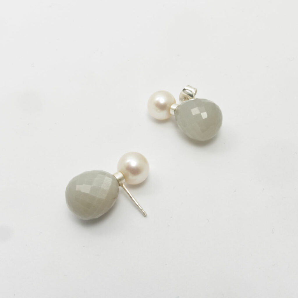 Faceted milky moon stone and white pearl earrings from In Balance collection