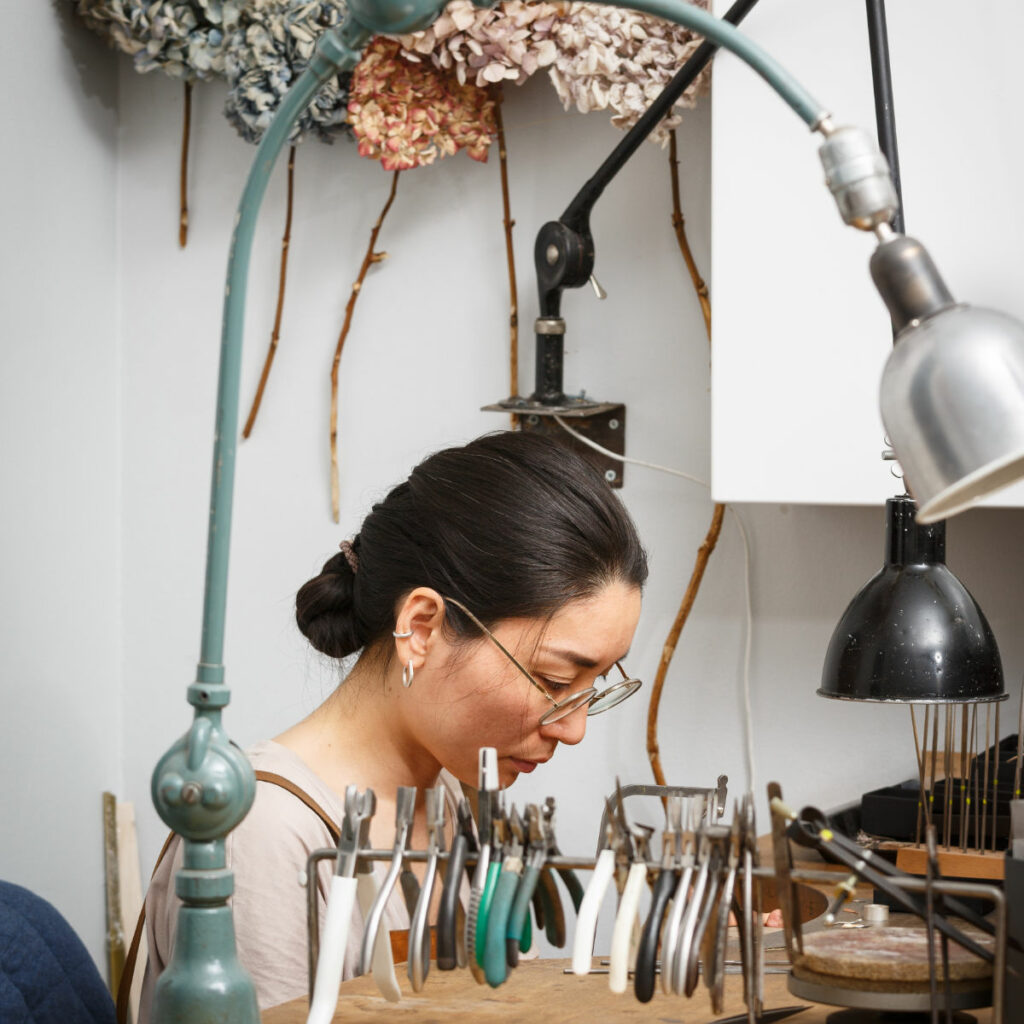 Artisan Maki Okamoto. Handcrafted sustainable jewellery made in her studio in Stockholm.